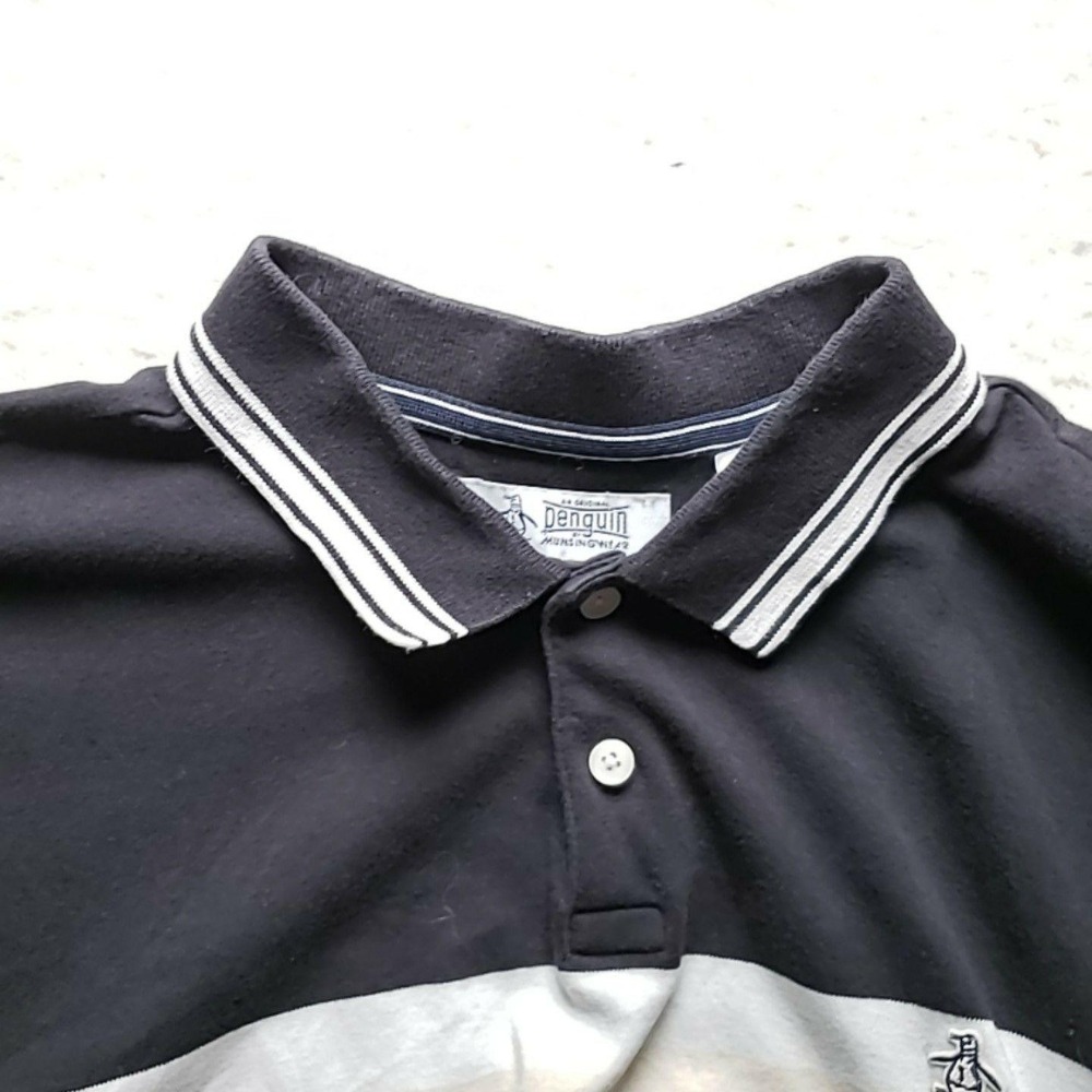 Original Penguin Polo Shirt Mens L Blue Stripe Colorblock Short Sleeve Knit‎ Top